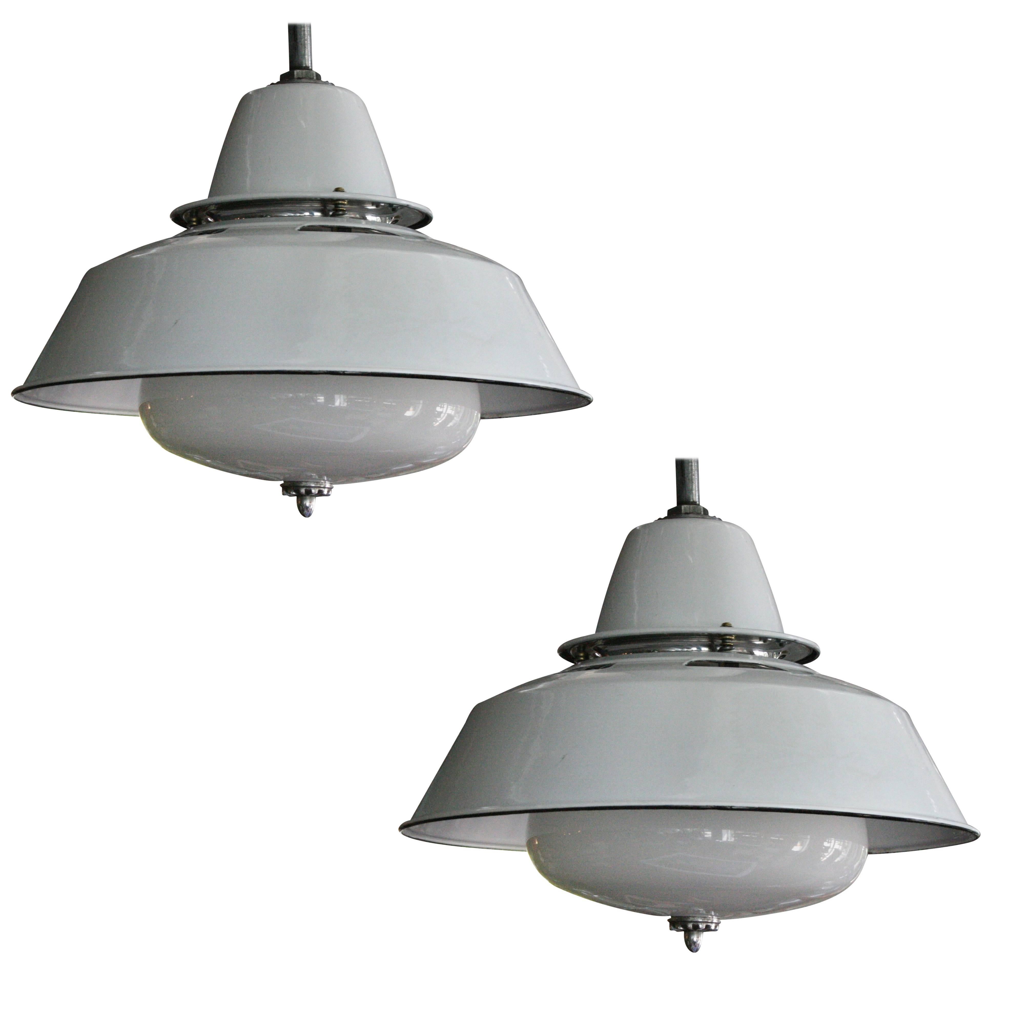 Pair of Large White Enameled Pendant Lights with Original Milk Glass Shades