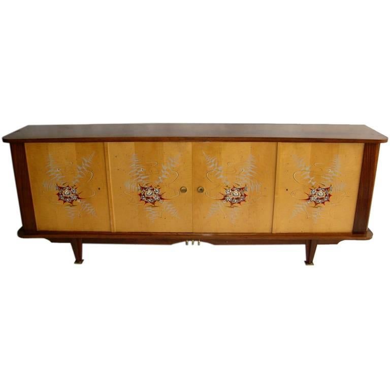 Fine French 1950s Sycamore and Rosewood Sideboard with Original Painted Doors For Sale