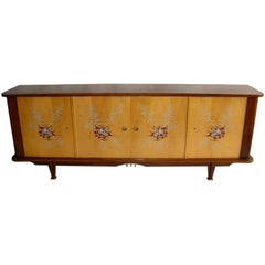 Fine French 1950s Sycamore and Rosewood Sideboard with Original Painted Doors