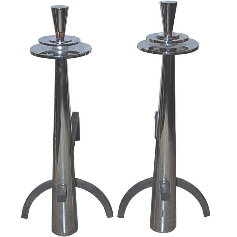 Polished Nickel Midcentury Andirons For Sale