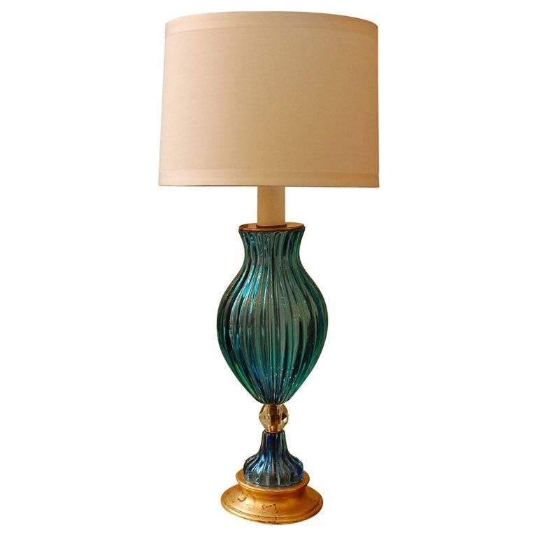 Tall Blue and Clear Murano Glass Lamp with Wood Base
