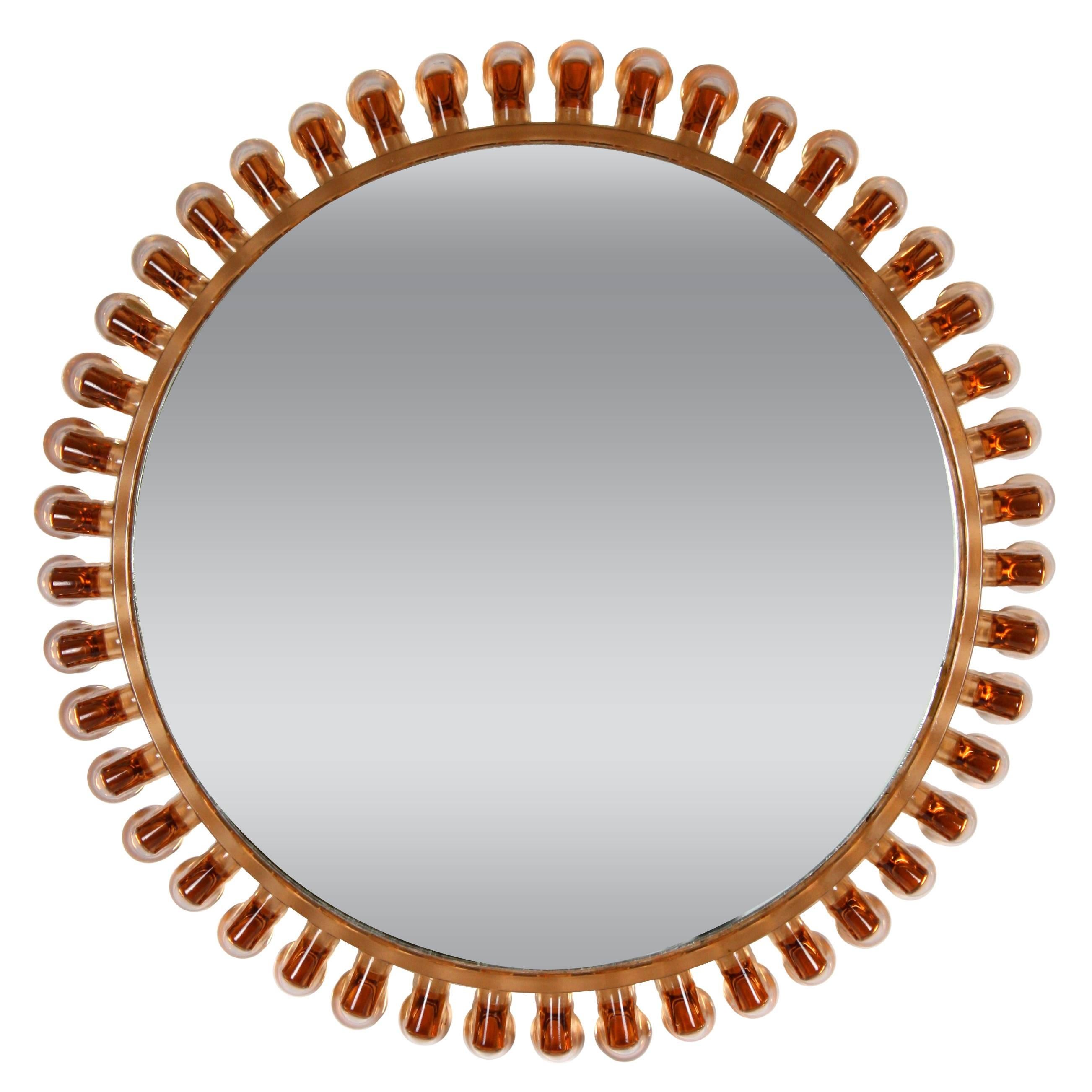Italian 1950s Scalloped Amber Glass Framed Circular Sunburst Mirror 
