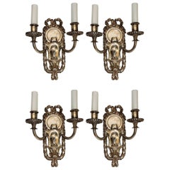 Elegant Set Four E.F. Caldwell Silvered Bronze Two-Arm Neoclassical Bow Sconces 1