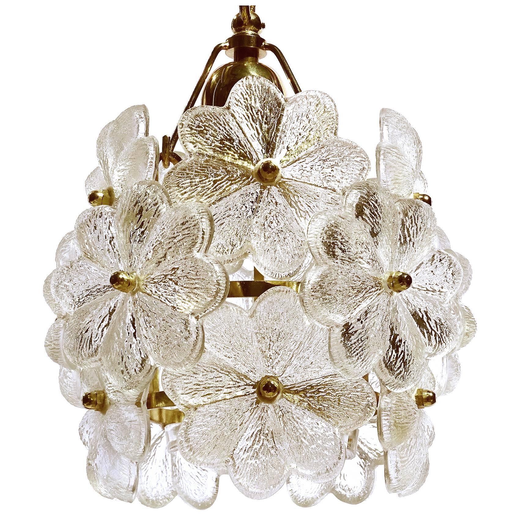 Palwa Glass Flower Pendant Light Brass Ceiling Lamp Floral Modernist 1960