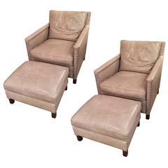 Pair of Sophisticated Leather Club Chairs and Ottomans