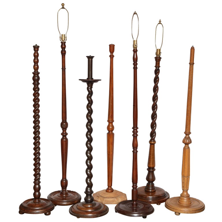 Antique English Floor Lamps, Old Antique Wooden Floor Lamps