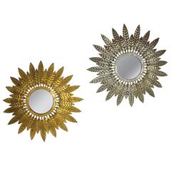 Pair of Gold Leaf and Silver Leaf Feathers Sunburst Mirrors 3