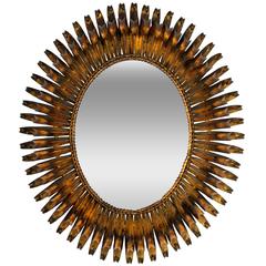 Gorgeous Spanish Brutalist Gilt Iron Eyelashed Oval Sunburst Mirror