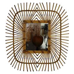 Vintage Unusual French Riviera Rattan Mirror with Pyrography Decorations