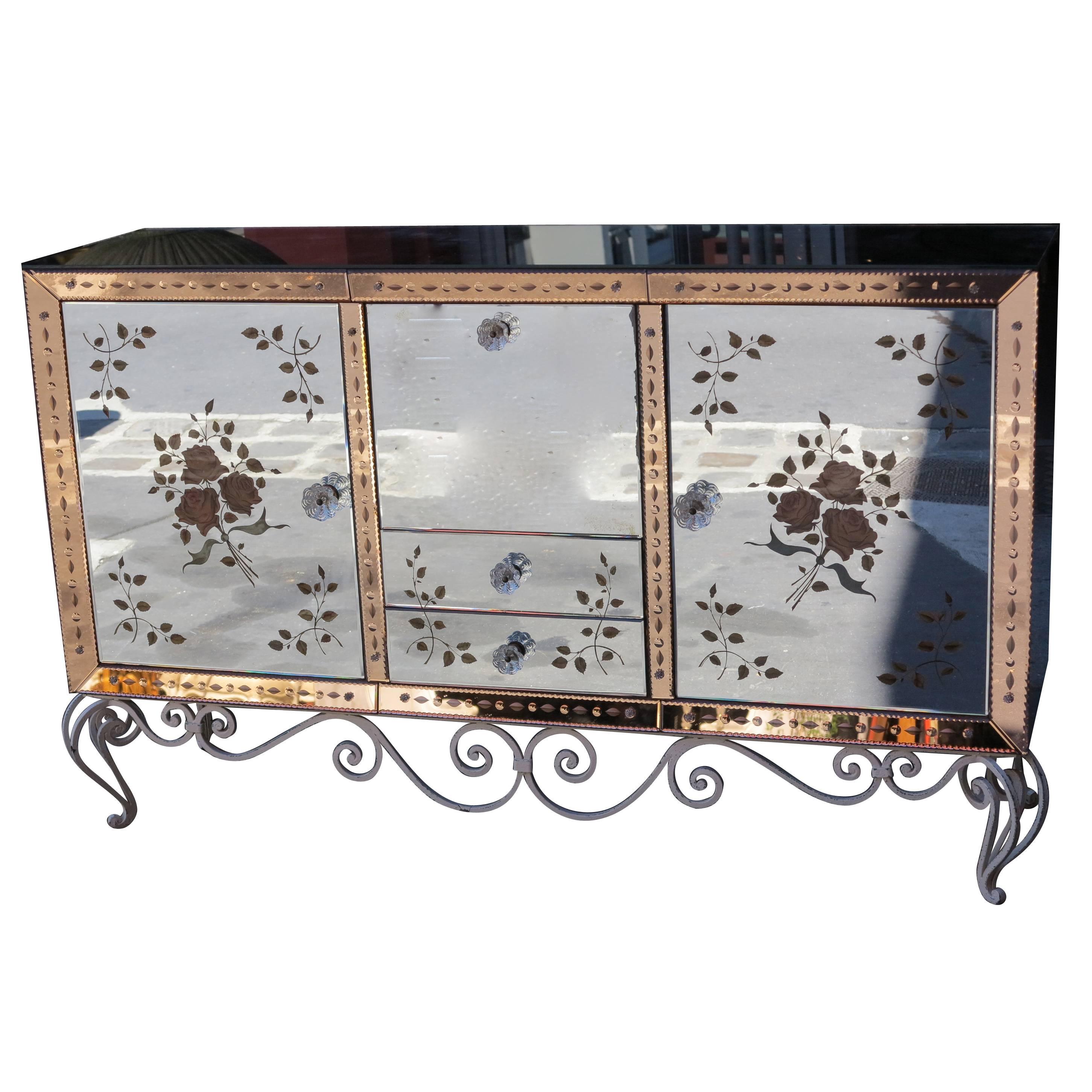 1970 Sideboard Mirror with Eglomisées Flowers