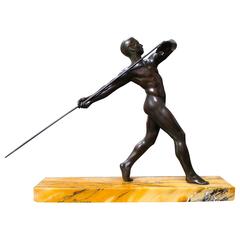 Vintage French Art Deco Bronze Figure with Javelin on Sienna Marble Base
