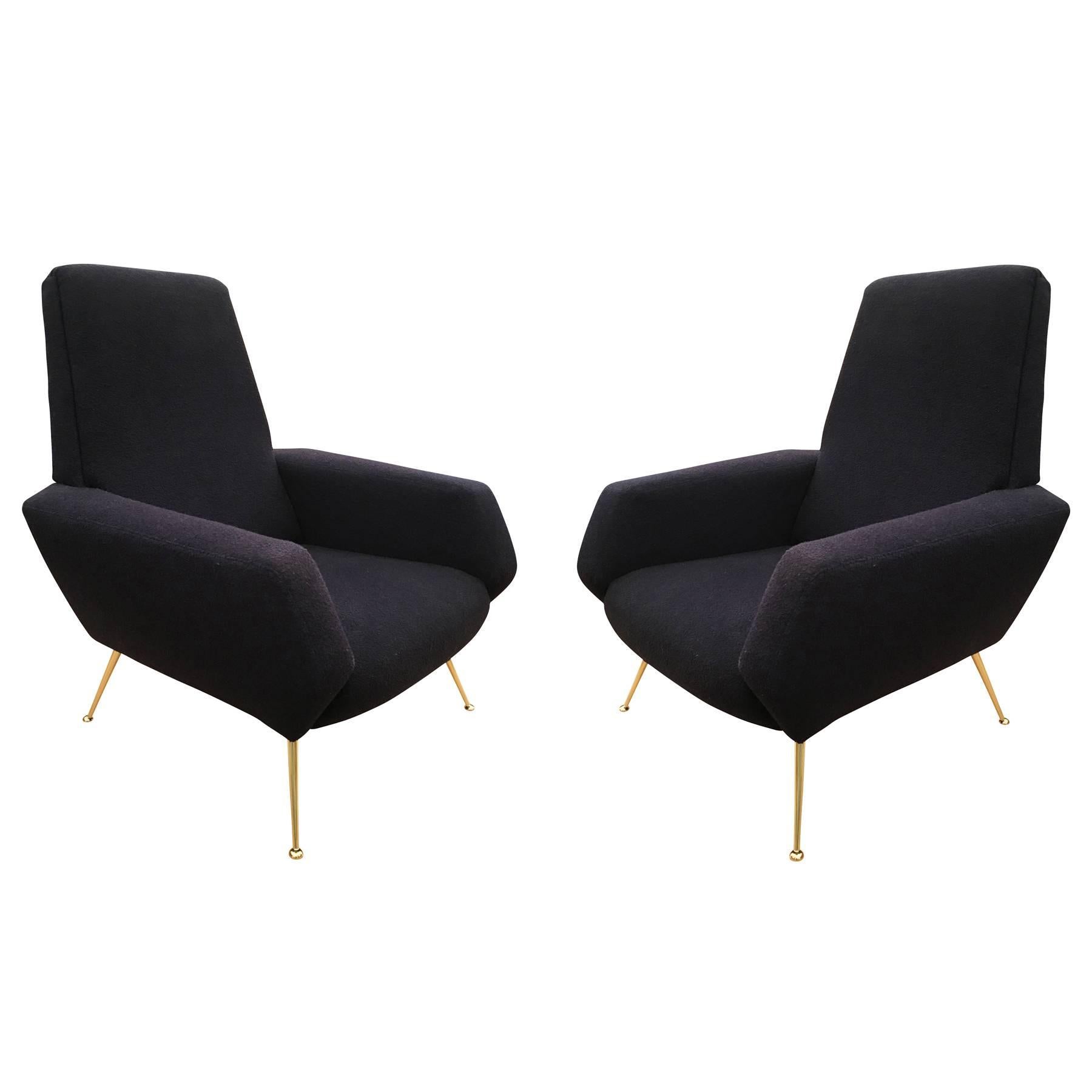 Pair of Shapely Dark Blue Armchairs, Italian, 1950s