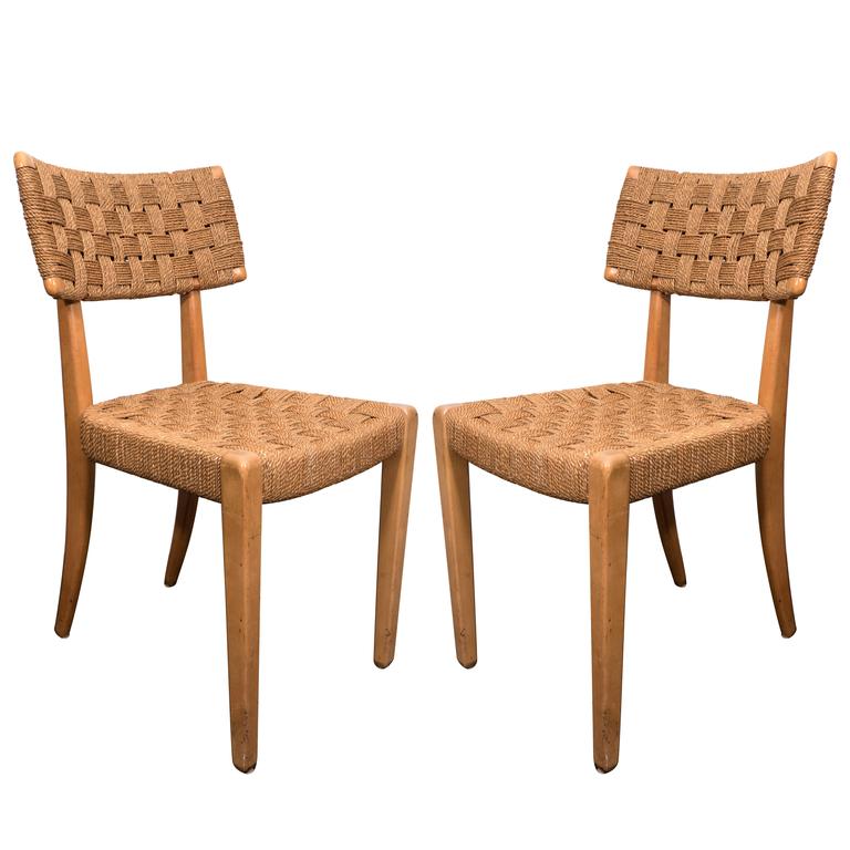Pair of Raffia Woven Oak Chairs For Sale at 1stdibs