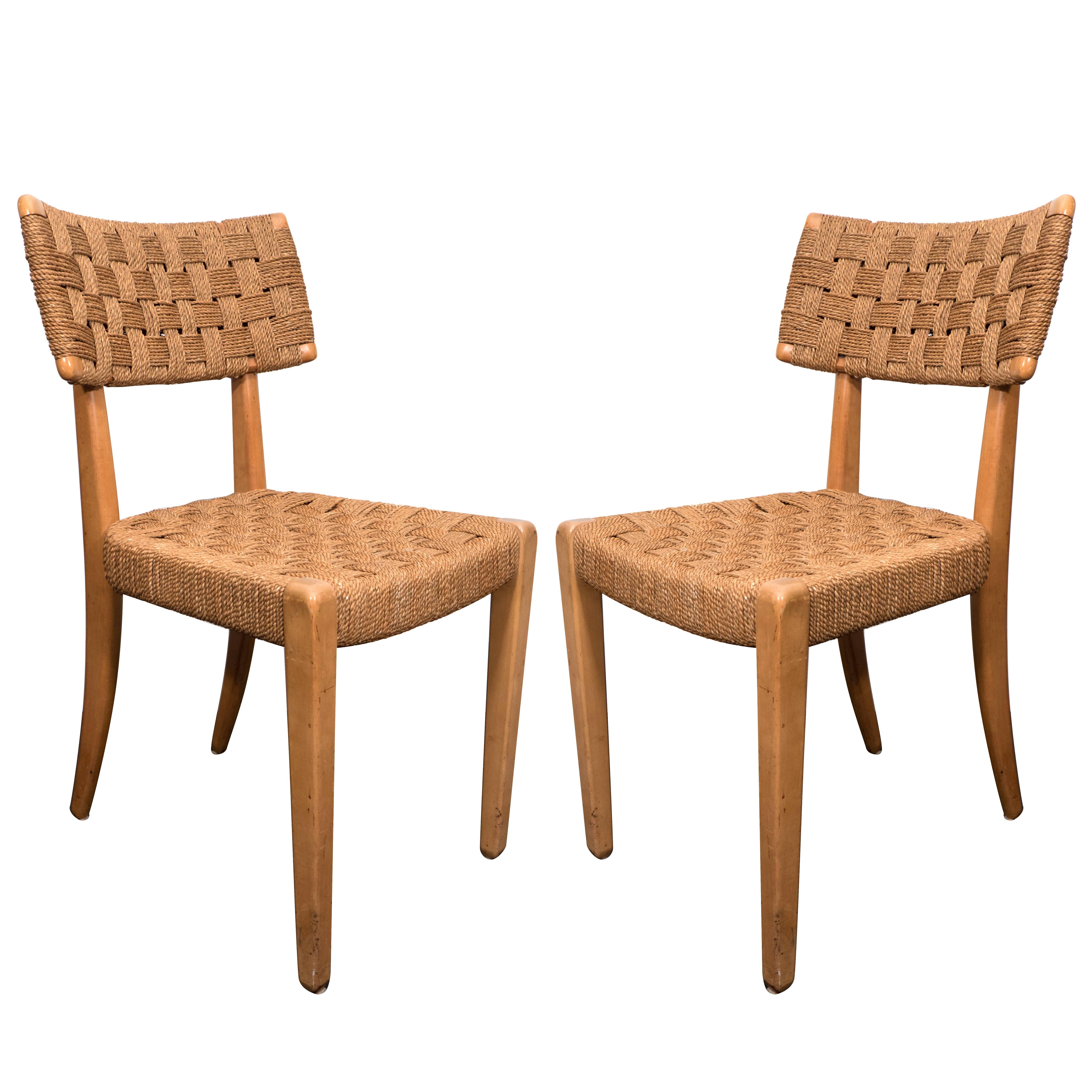 Pair of Raffia Woven Oak Chairs For Sale