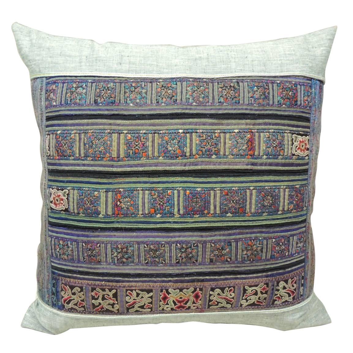 Vintage Silk Stripe Embroidery Miao Blue Decorative Pillow