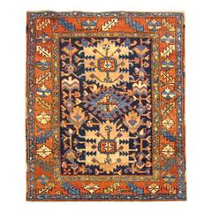 Antique Heriz Karaja Oriental Rug, Small Square Size, w/ Blue Field 
Medallions