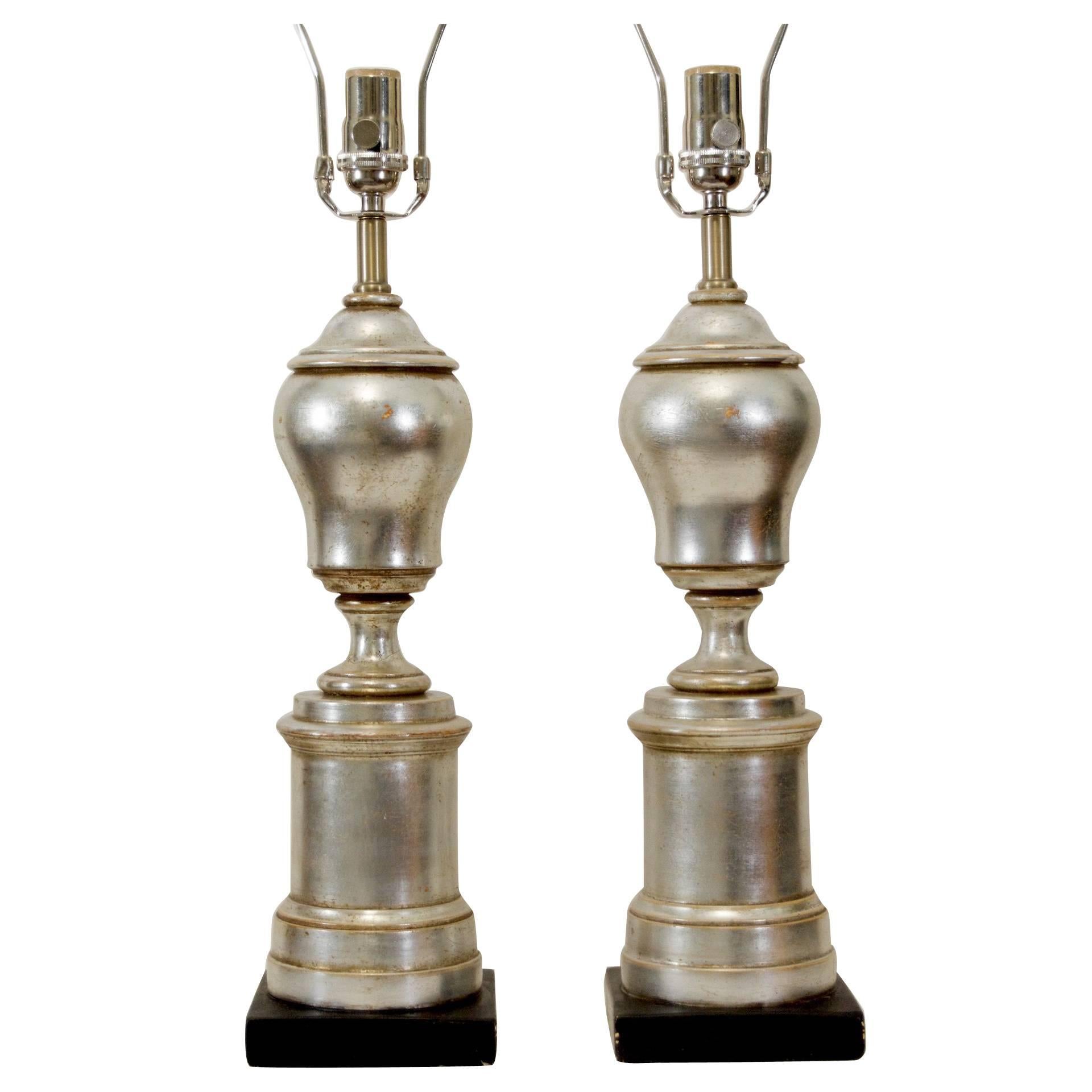 Excellent Pair of Silver Leafed Baluster Form Lamps For Sale