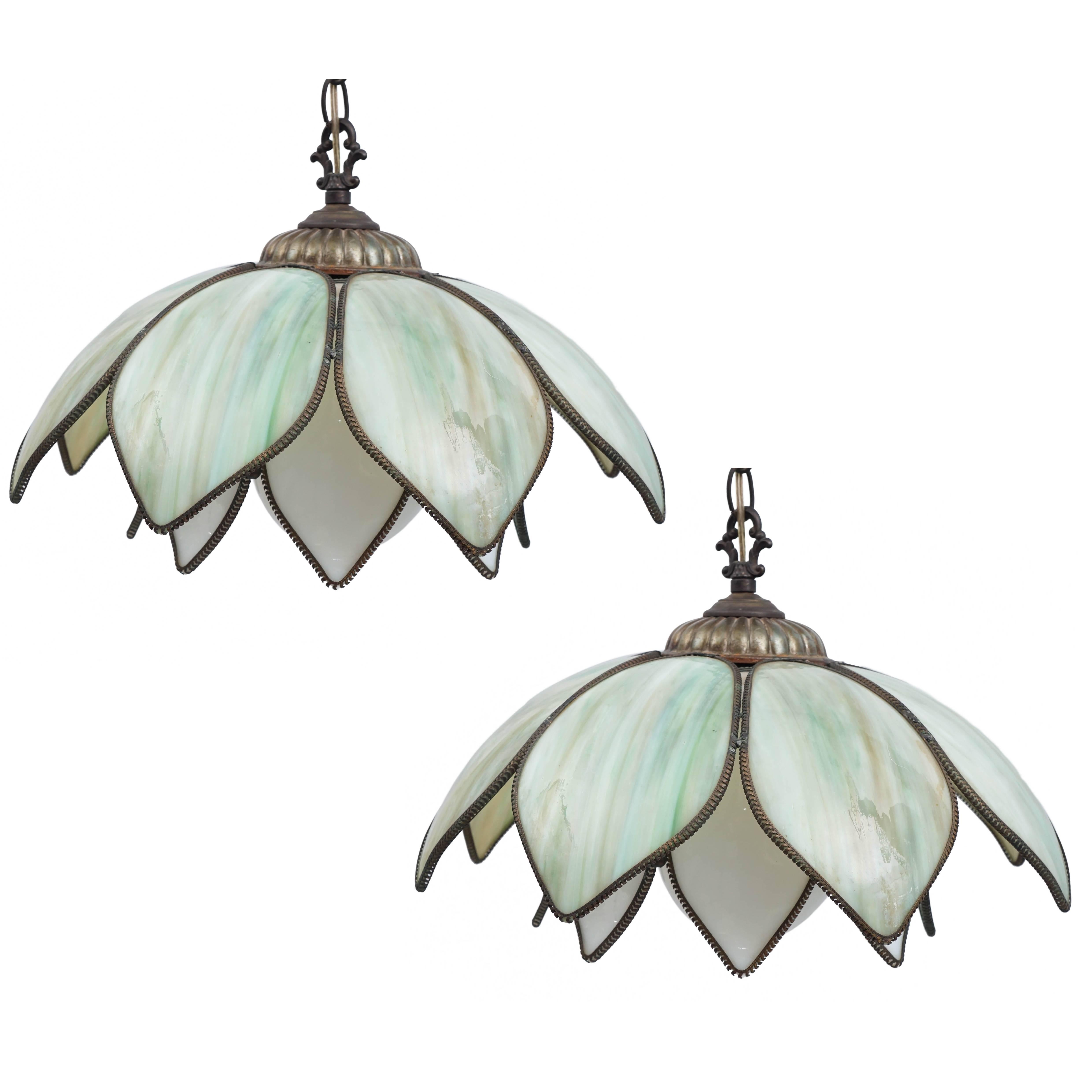 Pair of Midcentury Brass and Glass Hanging Flower Lotus Flower Light For Sale