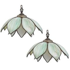 Pair of Midcentury Brass and Glass Hanging Flower Lotus Flower Light