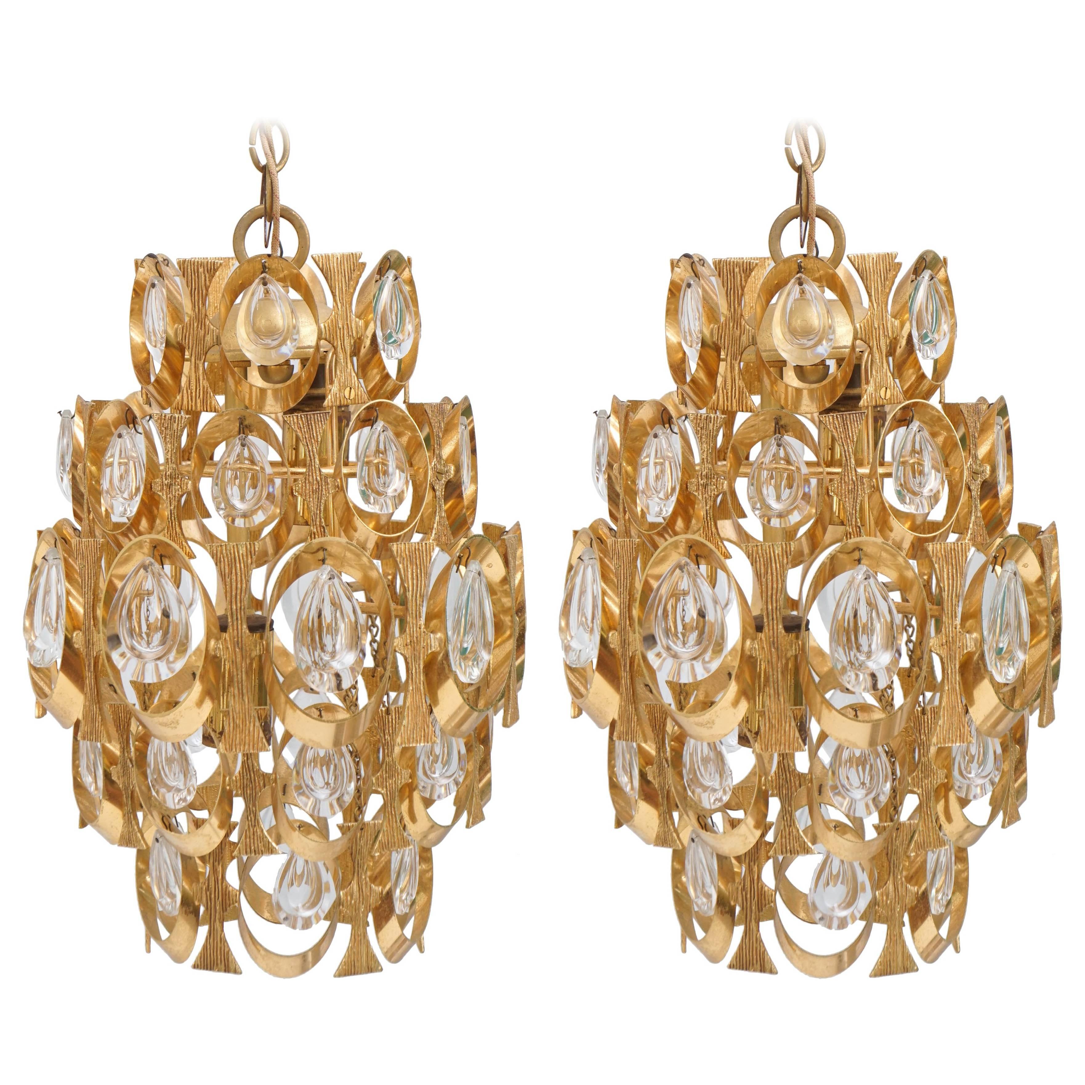 A pair of Sciolari Gold Plated Hanging Prism Light, Chandelier or Pendant For Sale