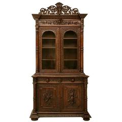 Antique French, Heavily Carved Oak Hunt Cabinet with Intricate Fox Crown