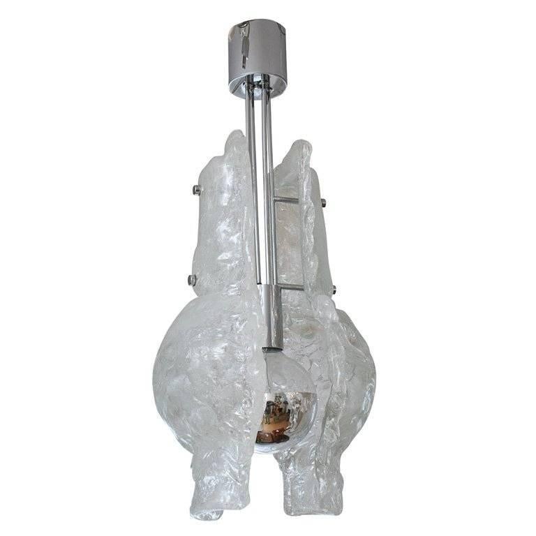 Hand Sculptured Murano Glass and Chrome Ceiling Fixture For Sale