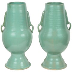 Moroccan Pair of Turquoise Handcrafted Ceramic Vases