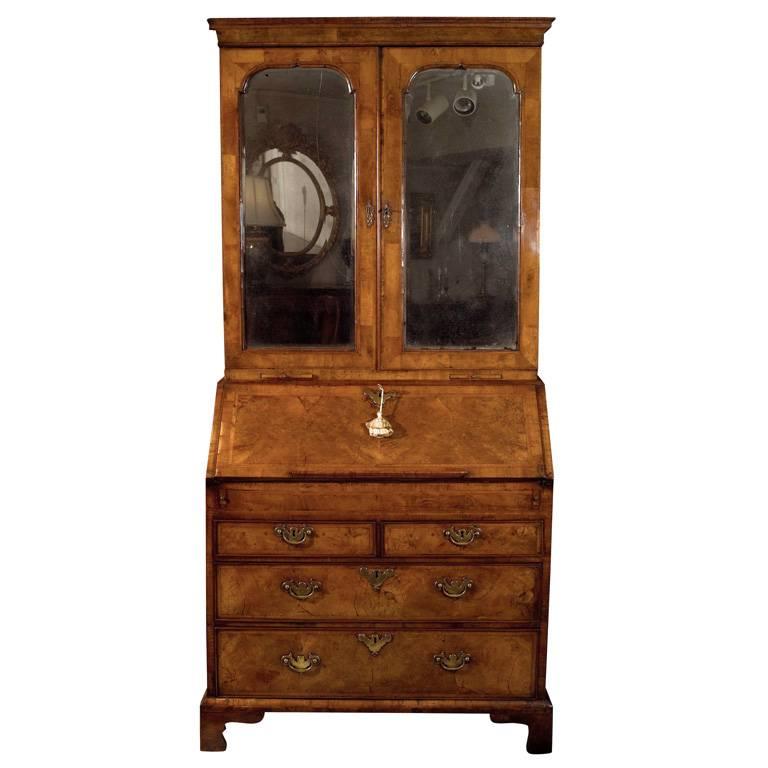 George II Walnut Slant Front Bureau Bookcase / Secretary For Sale