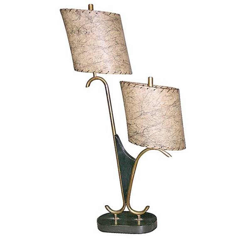 Lampe de bureau à double fixation des années 1950 avec base en pierre et abat-jour en peau de chèvre en vente