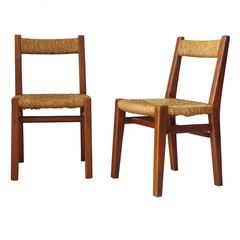 Set of Six Wood and Rush Chairs, France, 1950s Set of Six Wood and Rush Chairs, France, 1950s