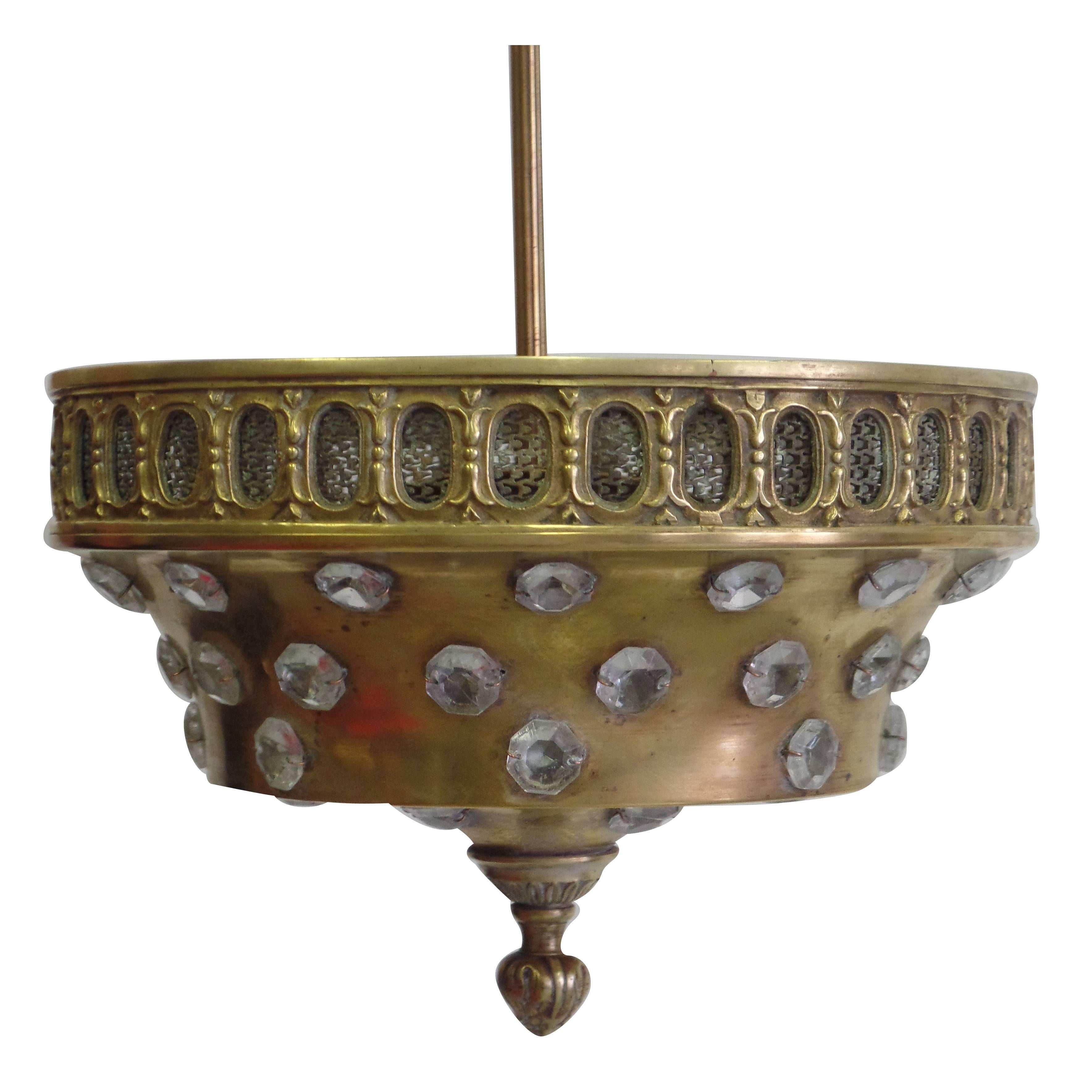 French Mid-Century Brass & Cut-Crystal Pendant / Flush Mount by Jansen, 1940 