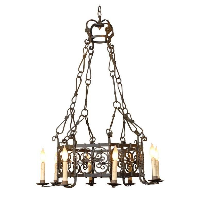 French Vintage Eight-Light Iron Round Chandelier with C-Scroll Motifs