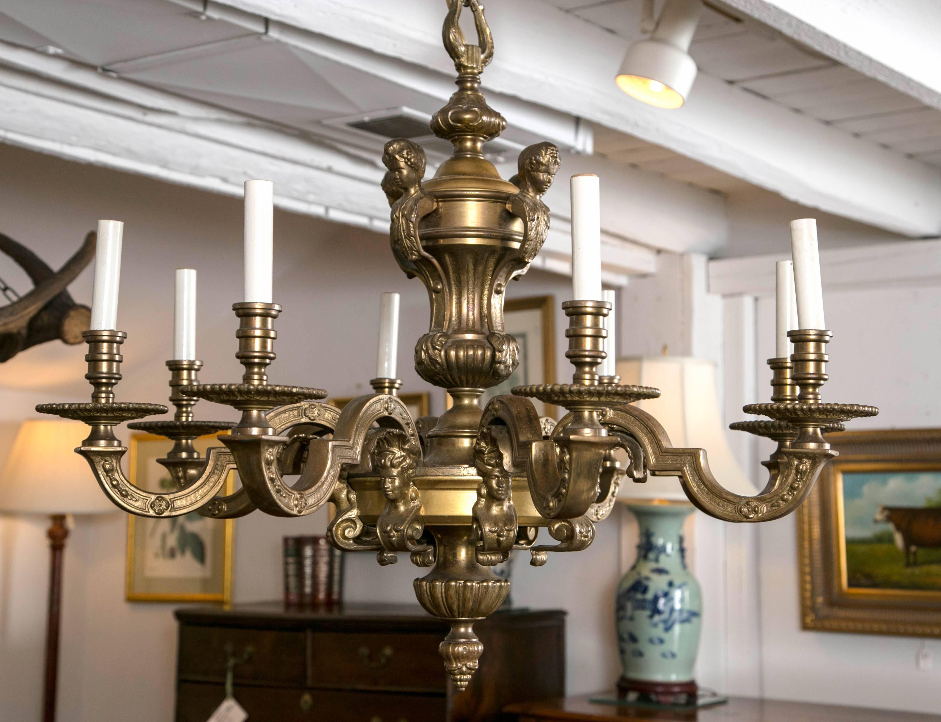 Cast Bronze, Electrified Chandelier In Excellent Condition In Woodbury, CT