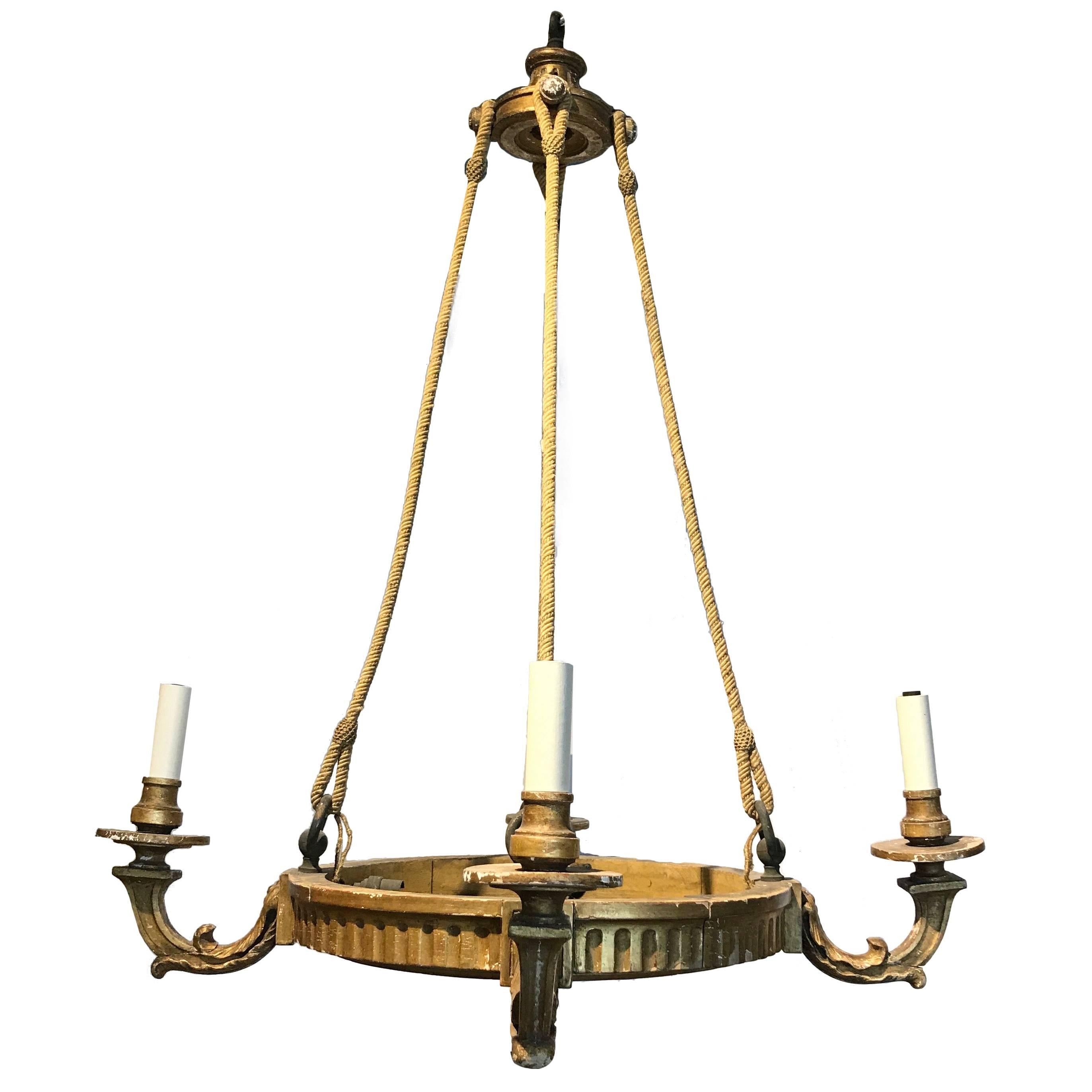 19th Century, French Four-Arm Giltwood Chandelier with Rope For Sale