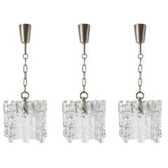 Set of Three of Kalmar Ice Glass Chandeliers or Pendant Lights, 1960s