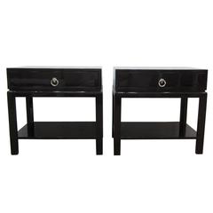 Perfect Pair of Bedside Tables Lacquered in High Gloss Black Indigo