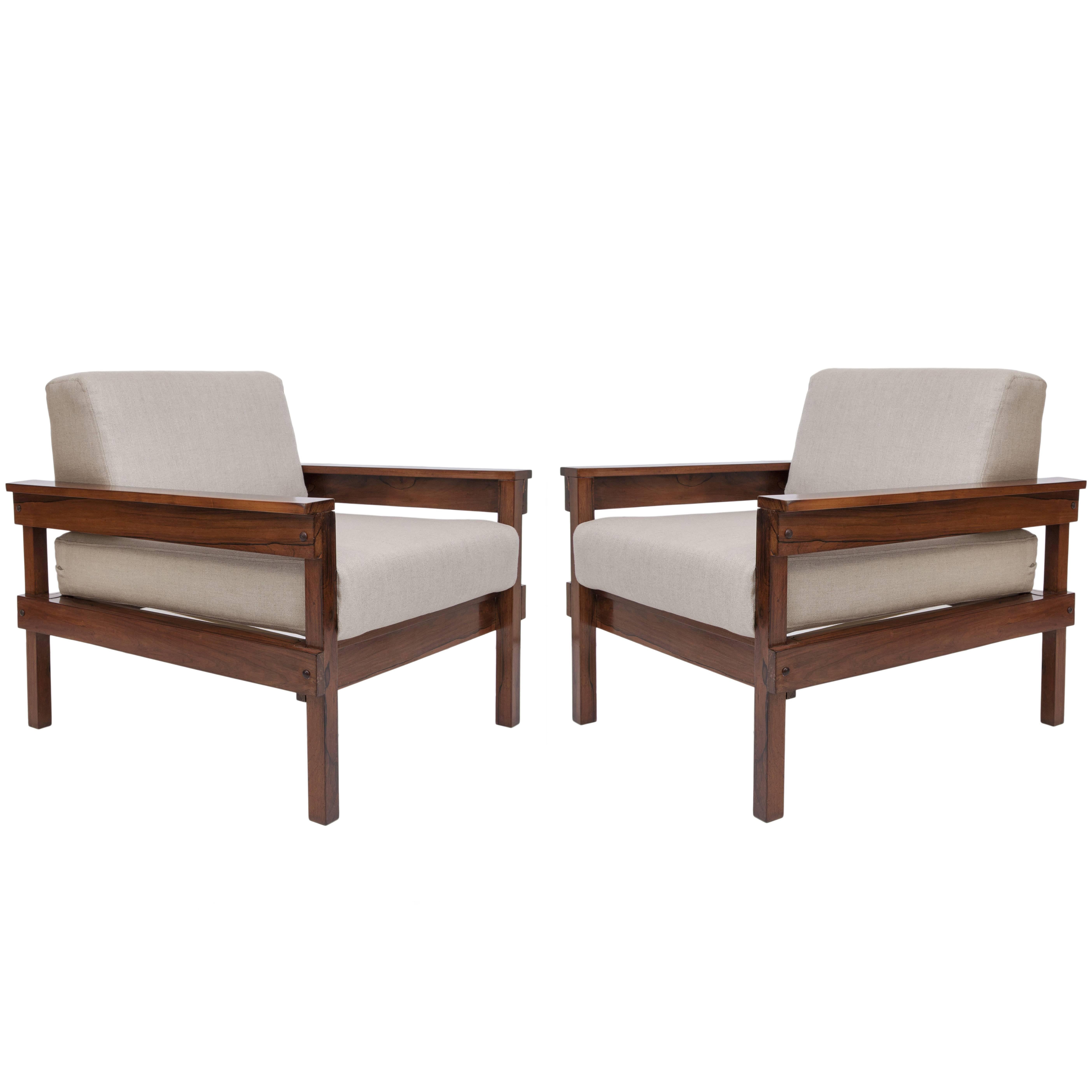 Pair of Midcentury Brazilian Jacaranda Armchairs Upholstered in Beige Linen