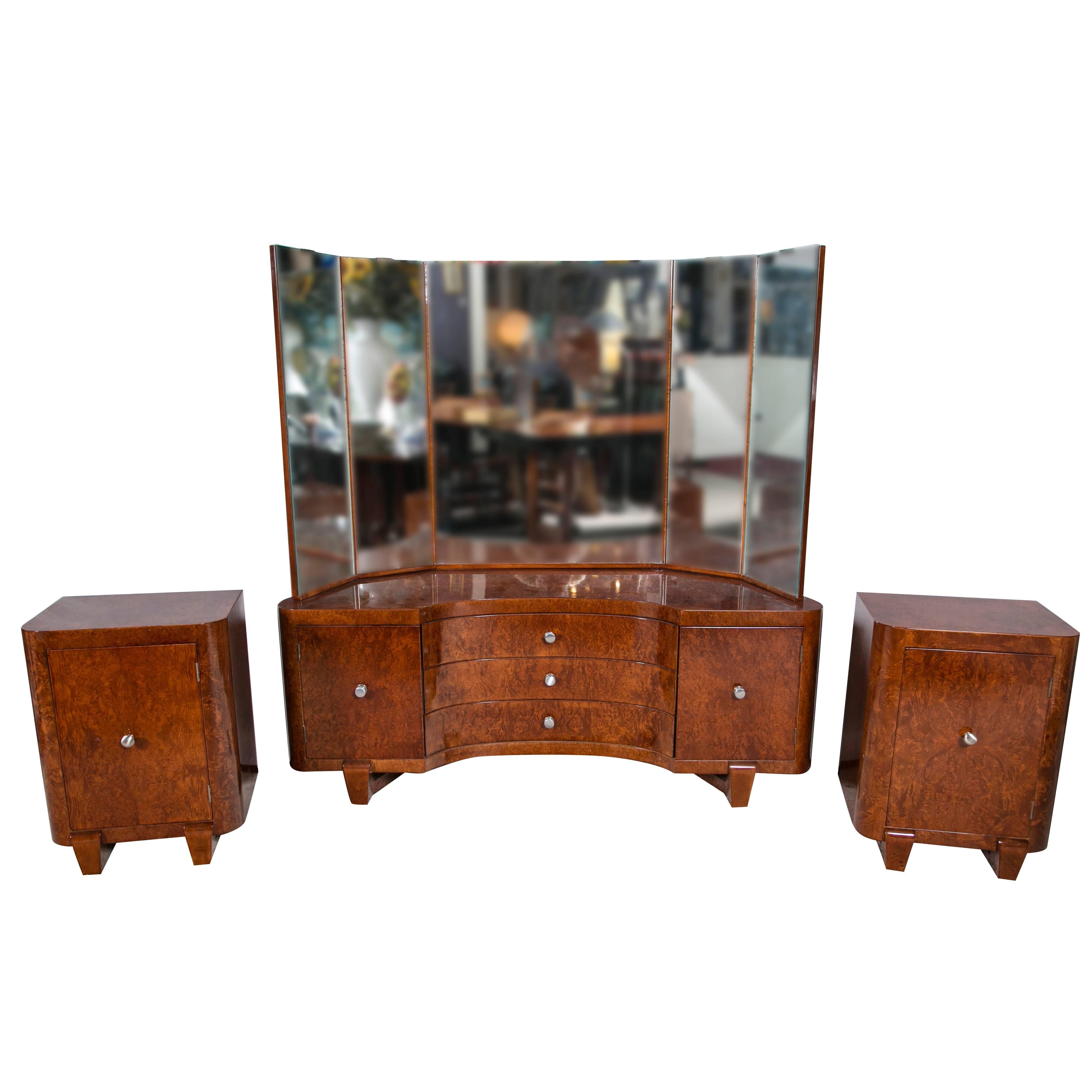 Burlwood Art Deco Vanity or Dressing Table with Two Matching Night Stands For Sale