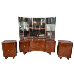 Burlwood Art Deco Vanity or Dressing Table with Two Matching Night Stands
