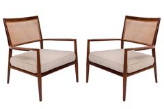 Pair of Carlos Milan Cane Seat & Back Armchairs in Sucupira with Beige Cushions