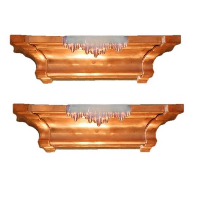 Pair of French Art Deco Copper and Opalescent Glass Icicle Sconces by Ezan