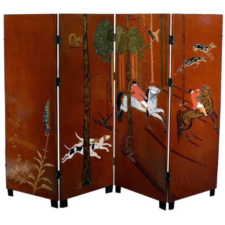 Important Four-Panel Art Deco Folding Screen by Jean Dunand For Sale