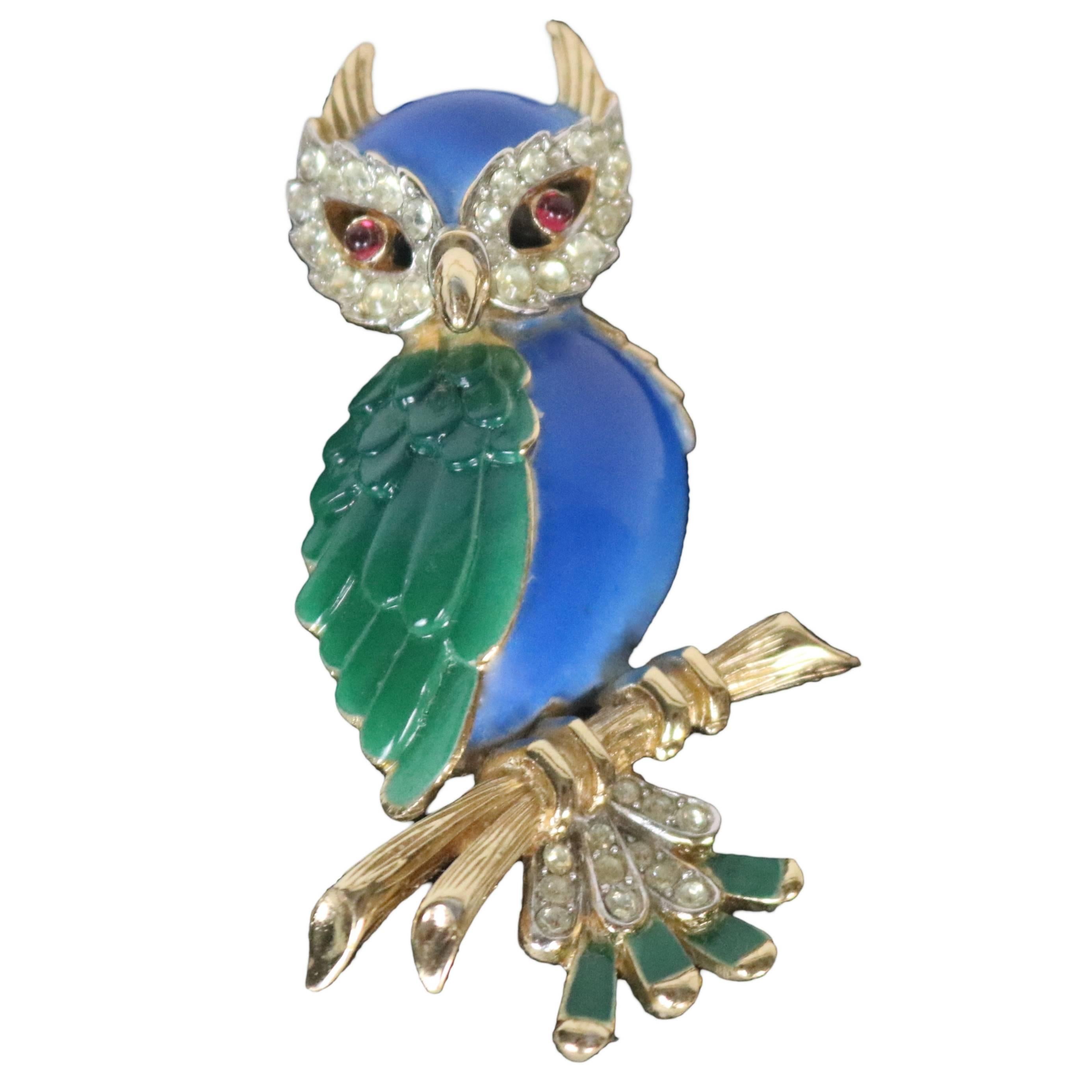 1960 Rare Beautiful Signed Crown Trifari Jeweled Owl Brooch For Sale