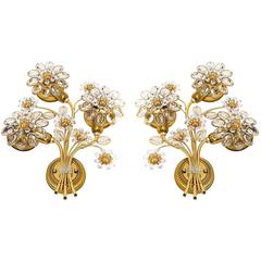 Pair of Large Palwa Sconces Wall Lights, Gilt Brass Crystal Glass, 1960s 2
