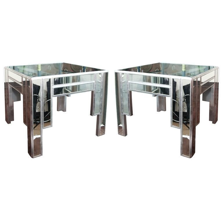 Art Deco Style Pair of Mirrored and Silver Leaf Occasional Tables 