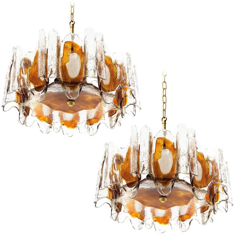 Two Kalmar Chandeliers Pendant Lights Orange Murano Glass Brass Two Kalmar Chandeliers Pendant Lights Orange Murano Glass Brass 1970s For