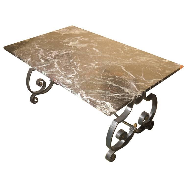 French Wrought Iron Rectangular Dining Table With Marble Top