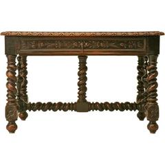Antique French Barley Twist Desk with Drawer and Mohair Top, circa 1840