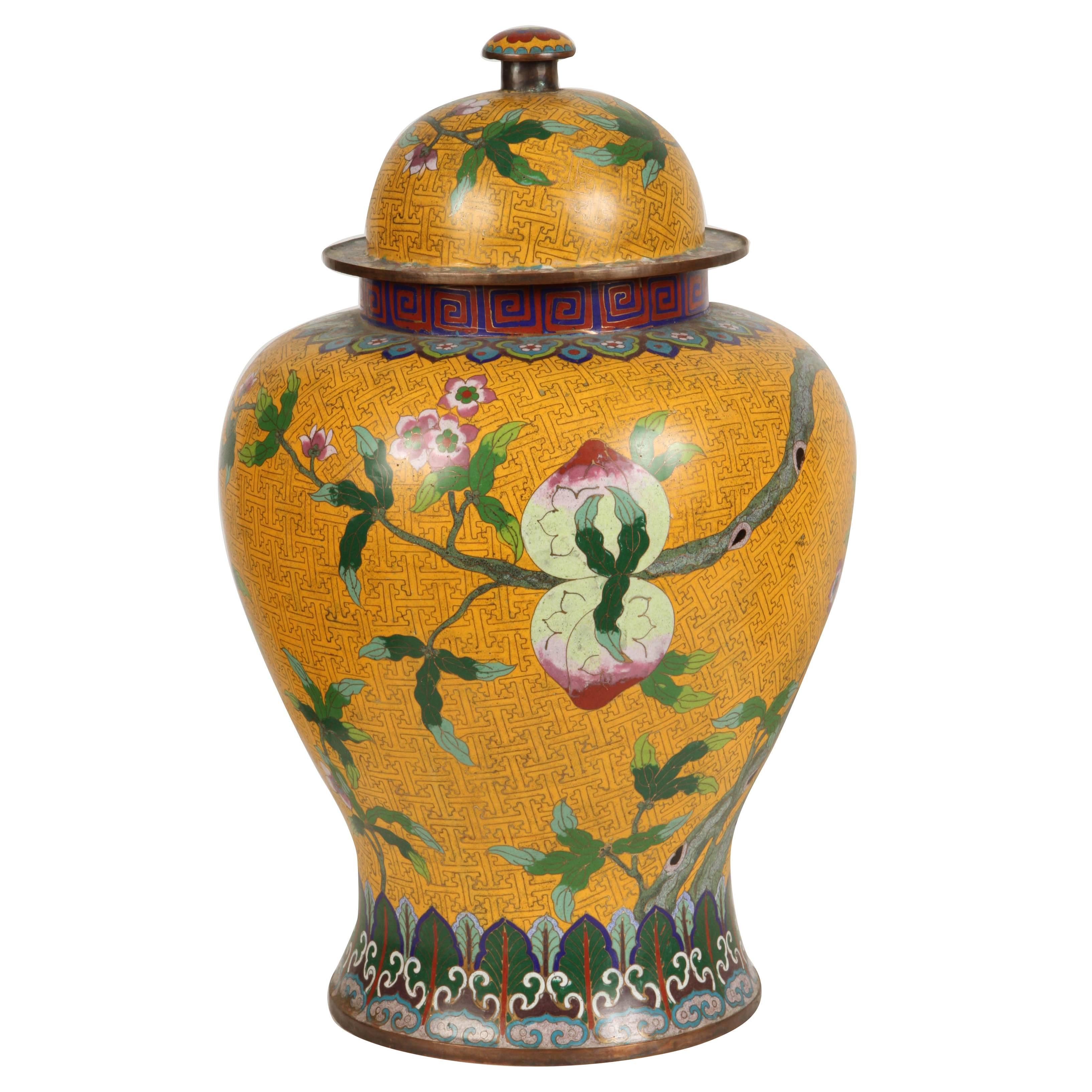 A Yellow Cloisonne Temple Jar with Peaches 