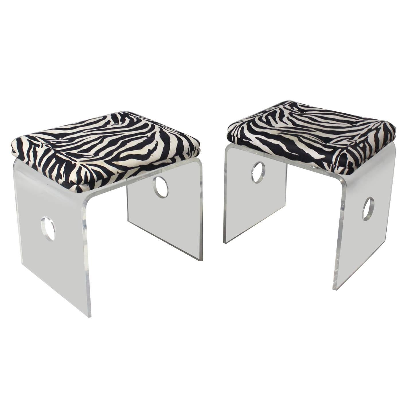 Pair of Bent Lucite Benches w/ Zebra Upholstery Cushions